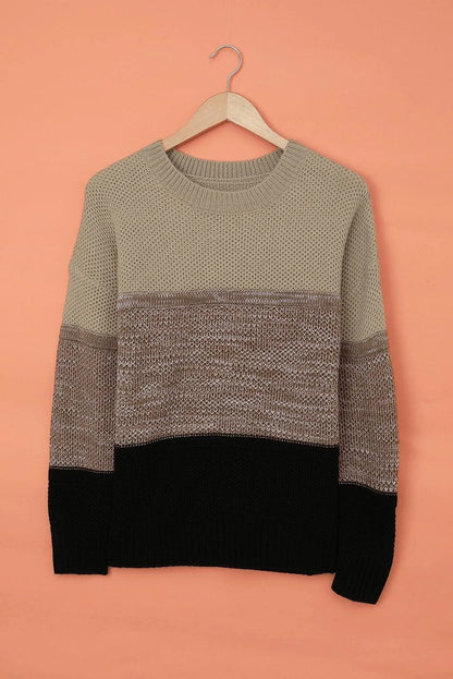 Khaki Color Block Netted Texture Pullover Sweater Jewelry Bubble