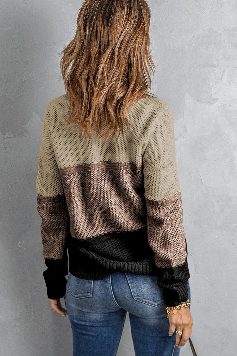 Khaki Color Block Netted Texture Pullover Sweater Jewelry Bubble