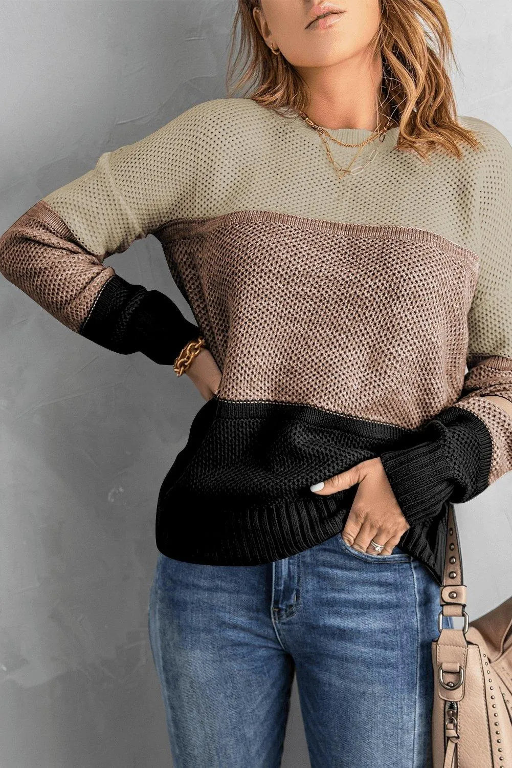 Khaki Color Block Netted Texture Pullover Sweater Jewelry Bubble