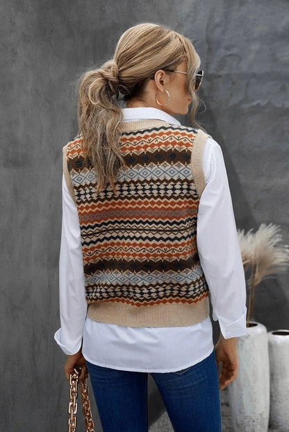 Khaki Geometric Print Buttoned V Neck Sweater Vest Jewelry Bubble