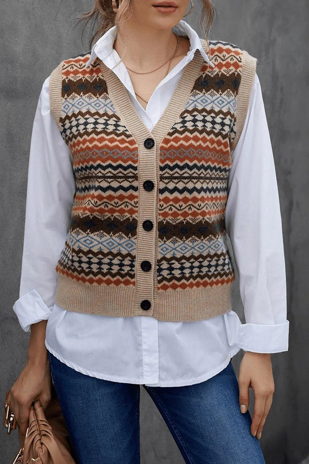 Khaki Geometric Print Buttoned V Neck Sweater Vest Jewelry Bubble