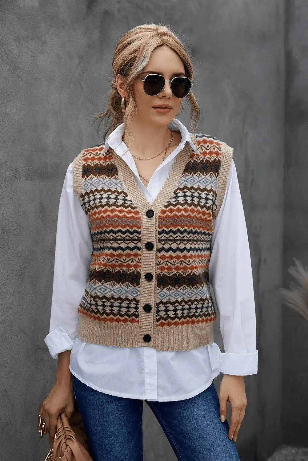 Khaki Geometric Print Buttoned V Neck Sweater Vest Jewelry Bubble