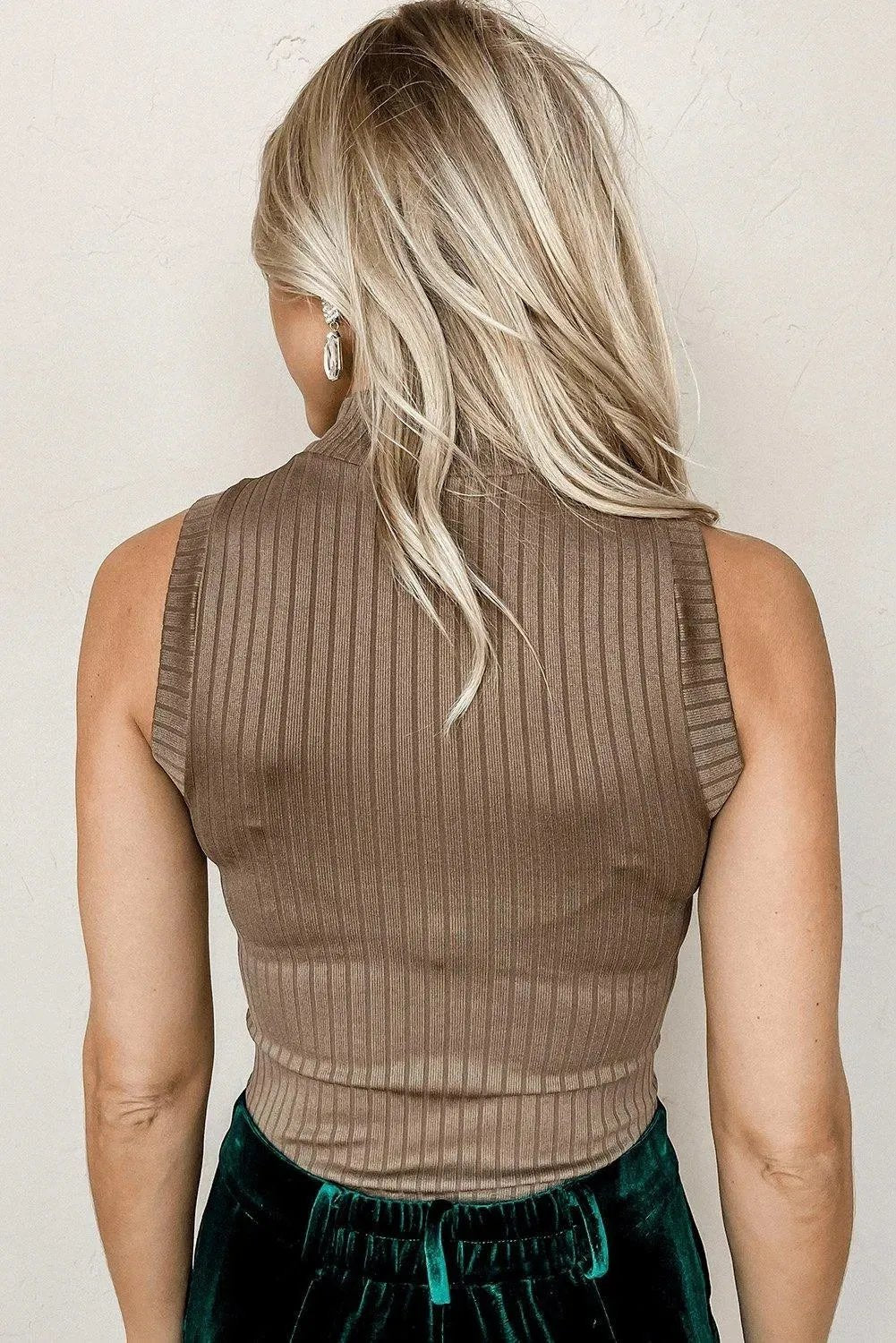 Khaki Ribbed Knit High Neck Tank Top