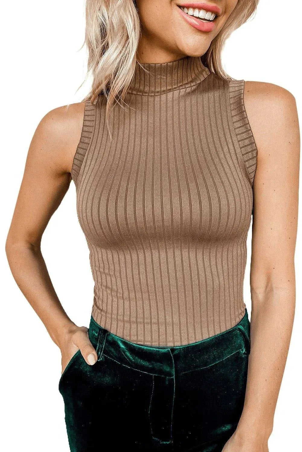 Khaki Ribbed Knit High Neck Tank Top