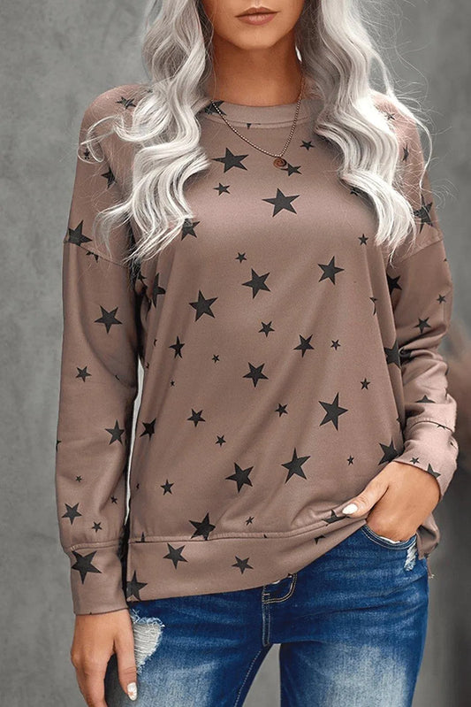 Khaki Round Neck Star Print Long Sleeve Top Jewelry Bubble