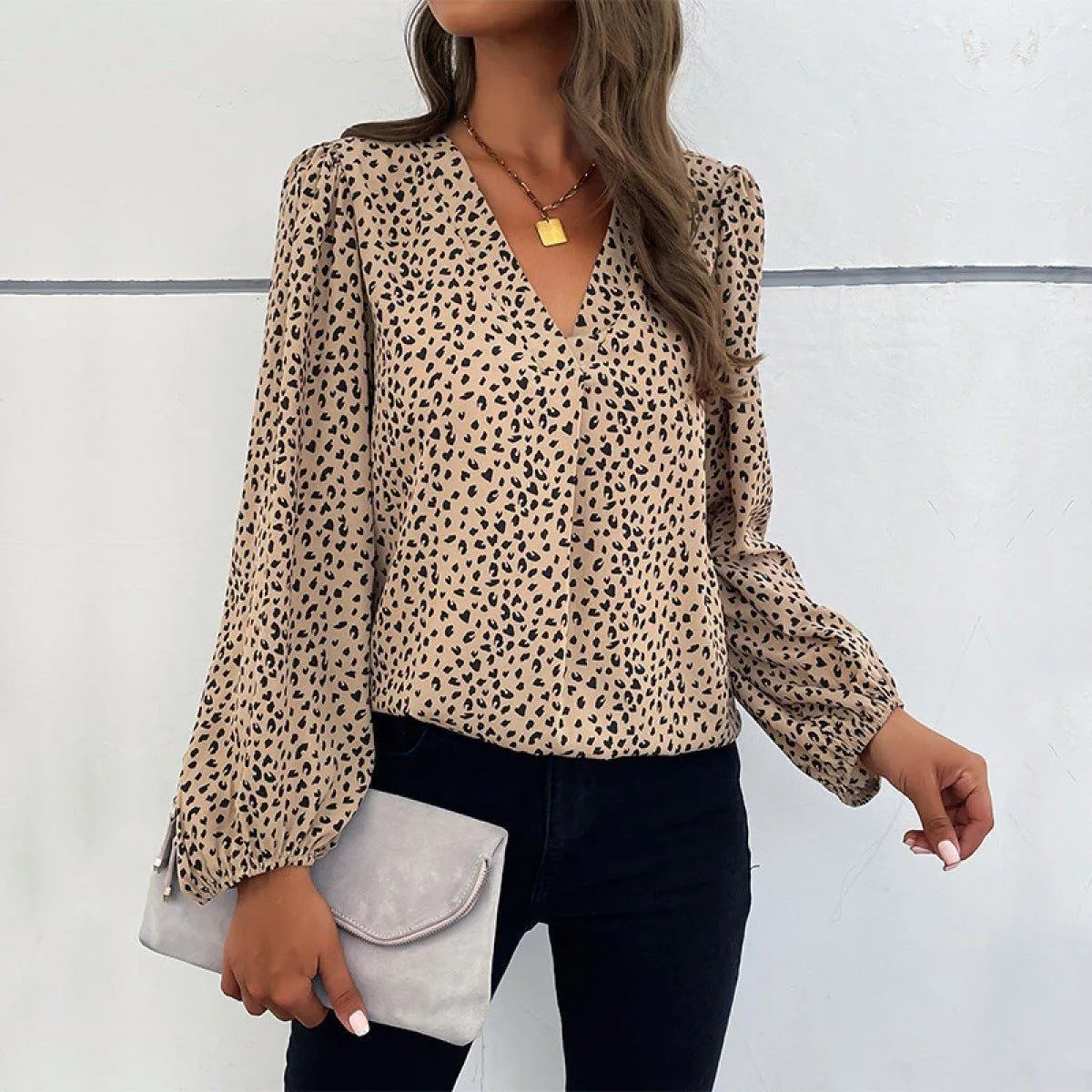 Khaki V-Neck Lantern Sleeve Leopard Blouse Jewelry Bubble