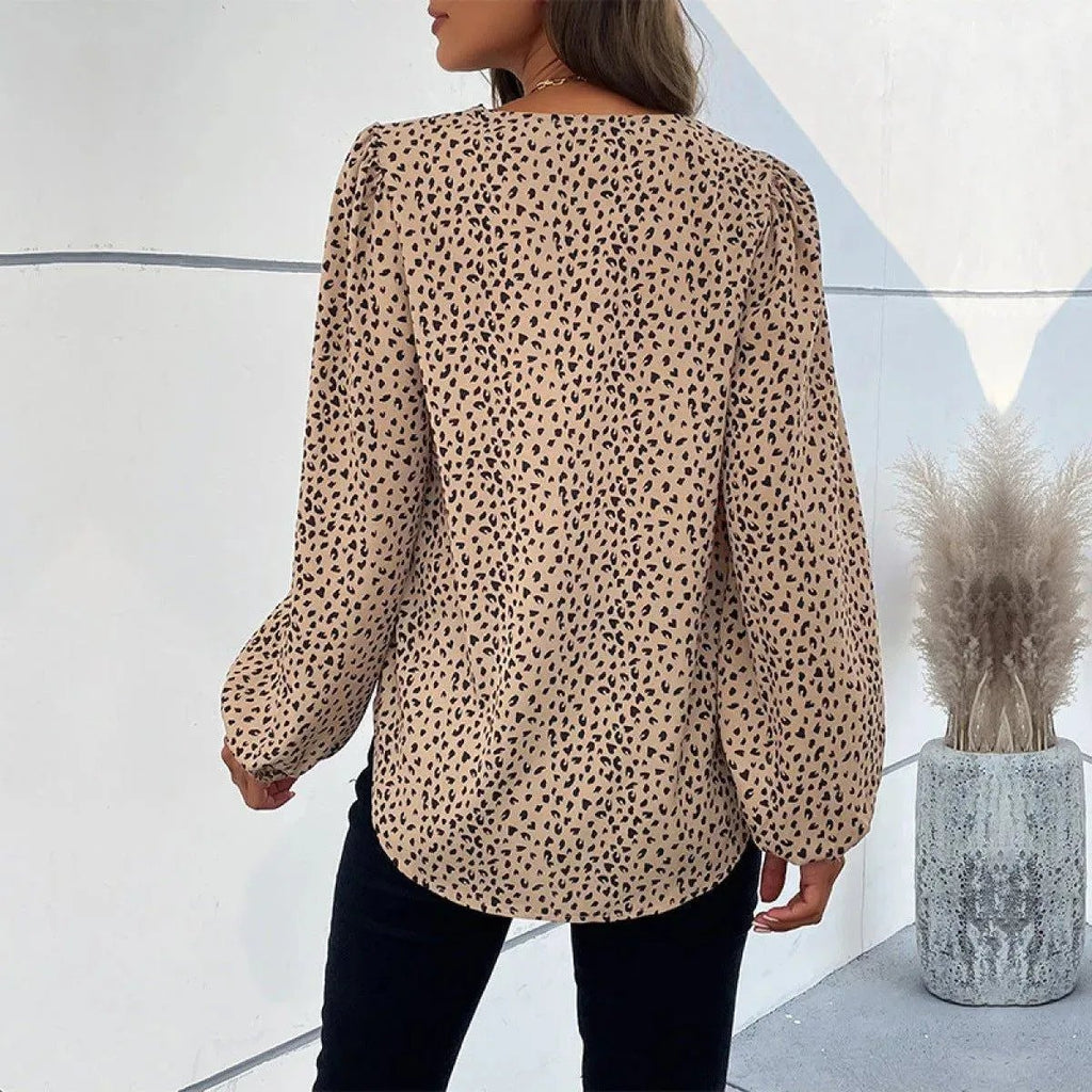 Khaki V-Neck Lantern Sleeve Leopard Blouse