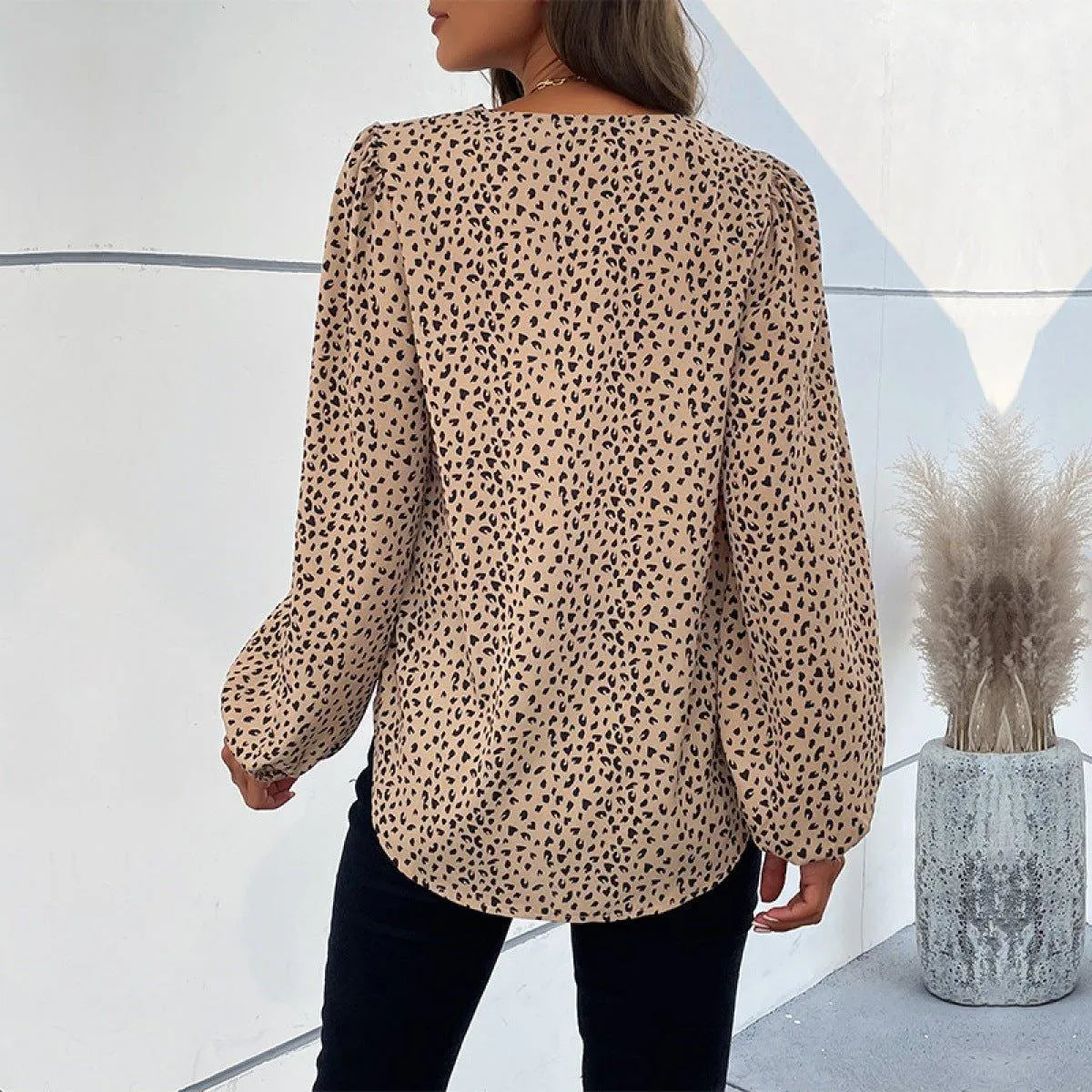 Khaki V-Neck Lantern Sleeve Leopard Blouse Jewelry Bubble