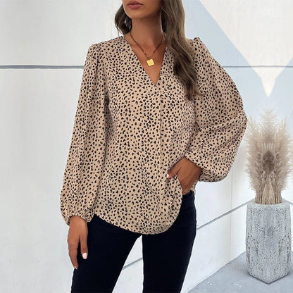 Khaki V-Neck Lantern Sleeve Leopard Blouse Jewelry Bubble