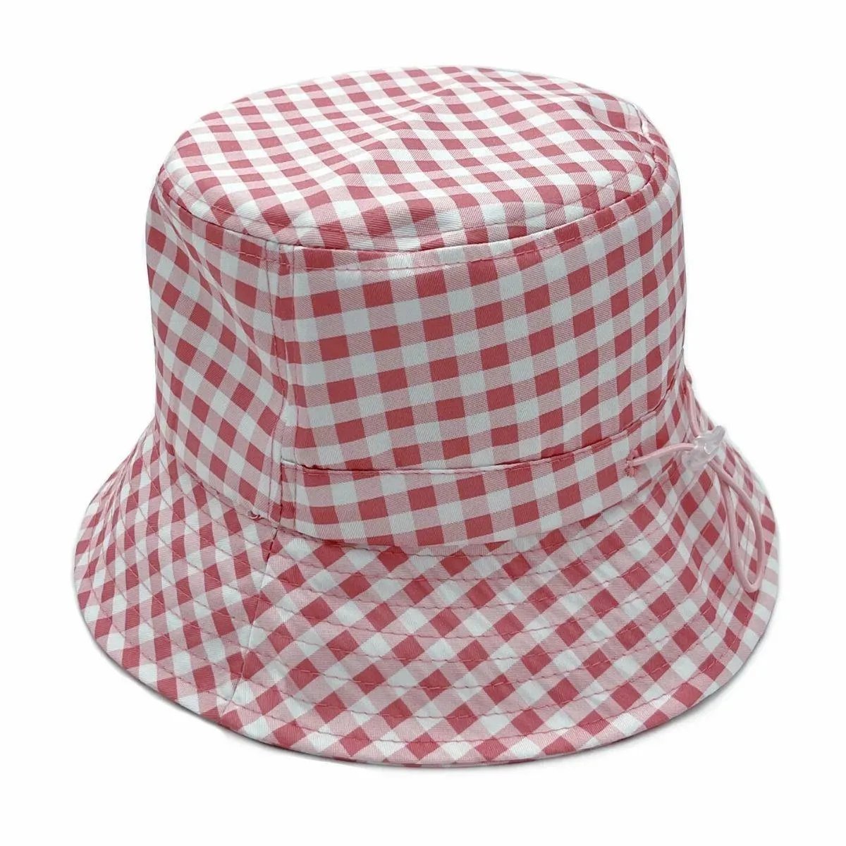 Ladies Drawstring Bucket Hat Pink and White Print