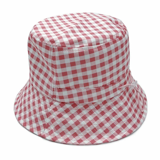 Ladies Drawstring Bucket Hat Pink and White Print Jewelry Bubble