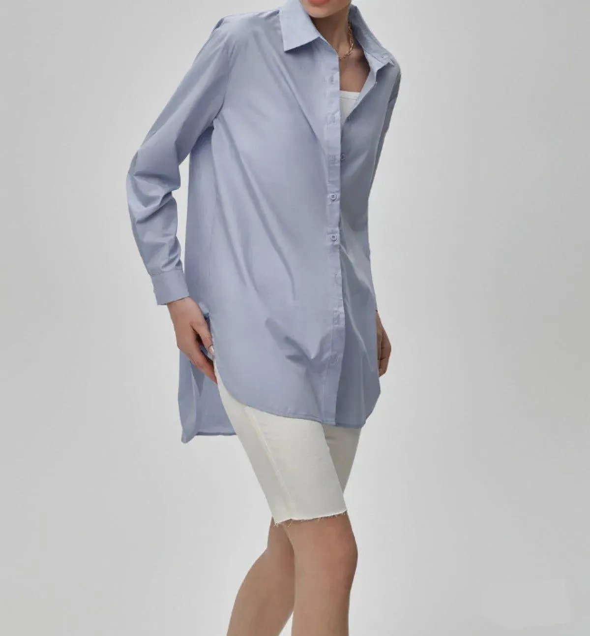 Ladies High Low Collar Shirt Blue