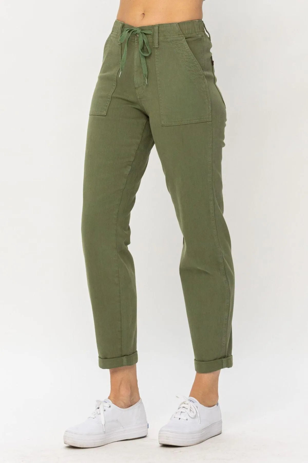 Ladies High Waist Olive Green Jessie Denim Jogger Pants Jewelry Bubble