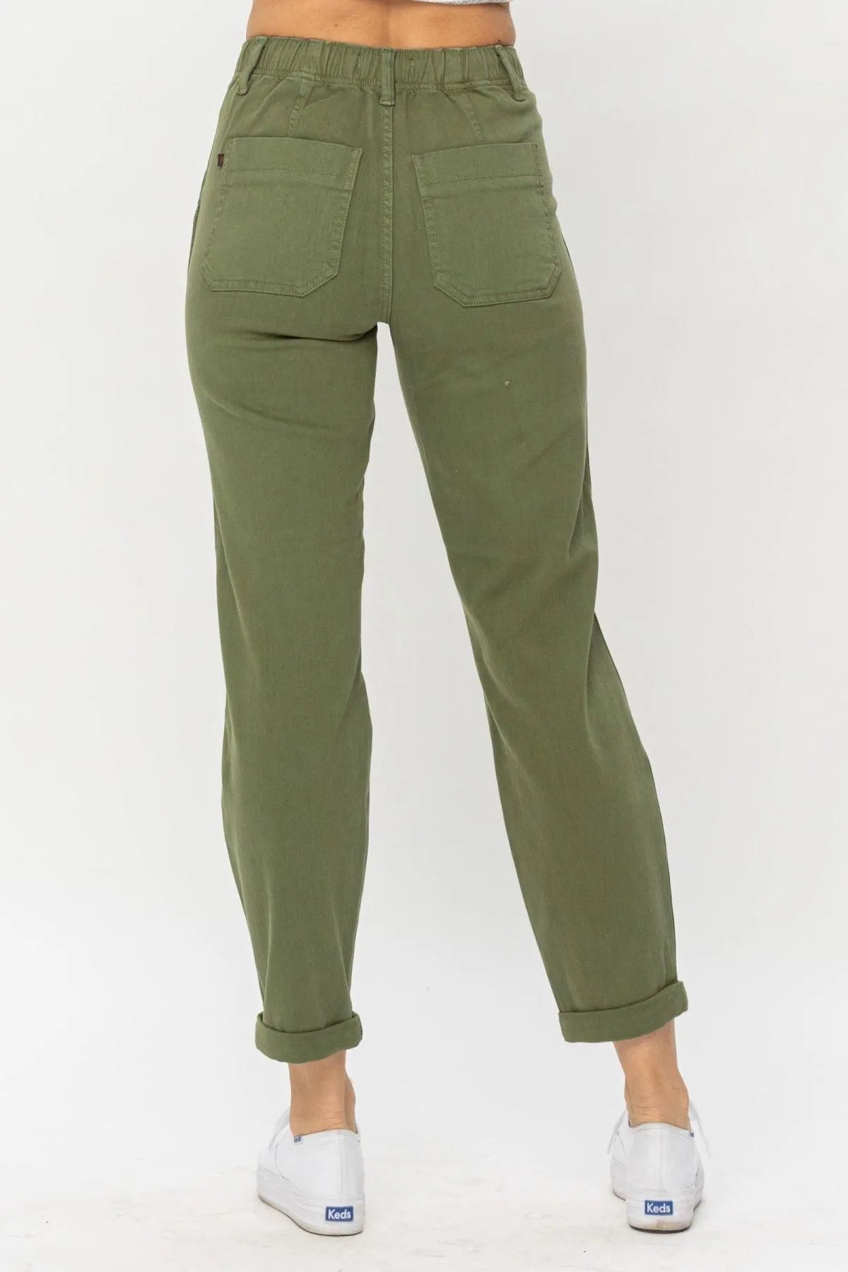 Ladies High Waist Olive Green Jessie Denim Jogger Pants Jewelry Bubble