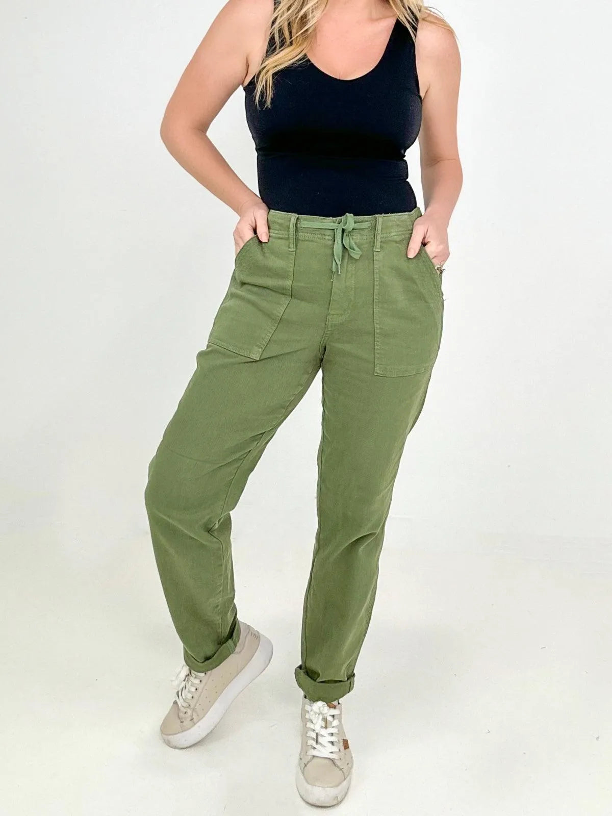 Ladies High Waist Olive Green Jessie Denim Jogger Pants Jewelry Bubble