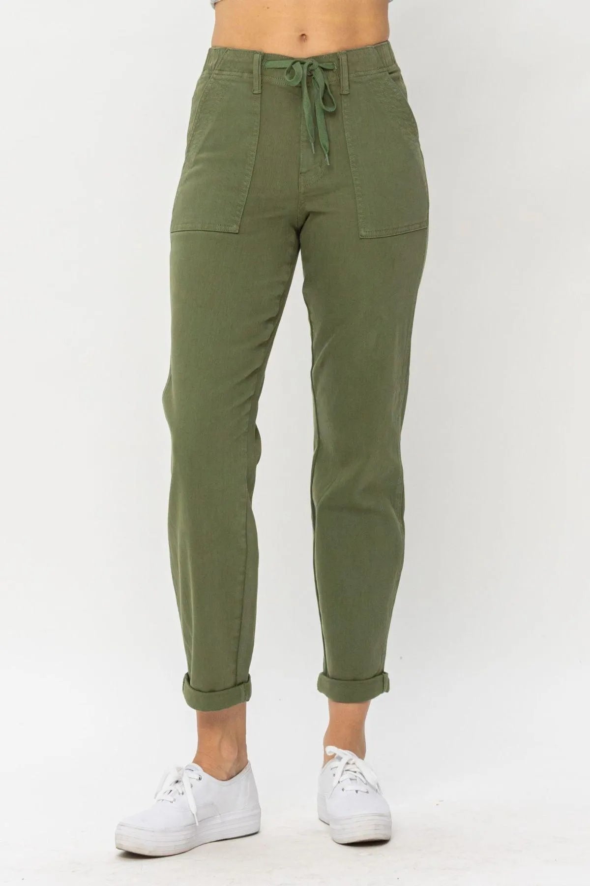 Ladies High Waist Olive Green Jessie Denim Jogger Pants Jewelry Bubble