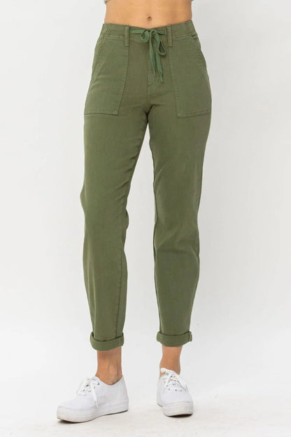 Ladies High Waist Olive Green Jessie Denim Jogger Pants Jewelry Bubble