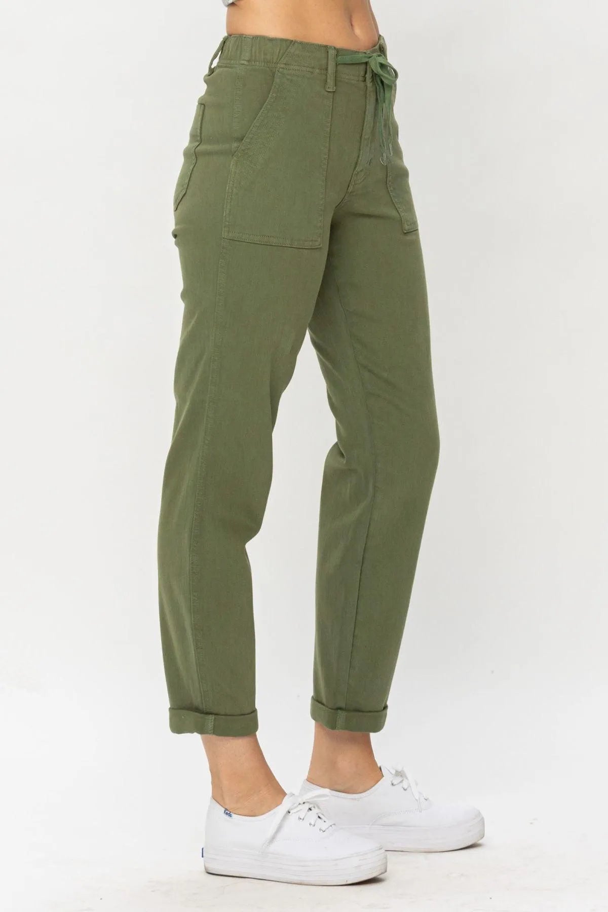 Ladies High Waist Olive Green Jessie Denim Jogger Pants Jewelry Bubble