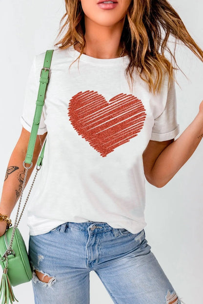 Ladies White T-Shirt with Red Glitter Heart Jewelry Bubble