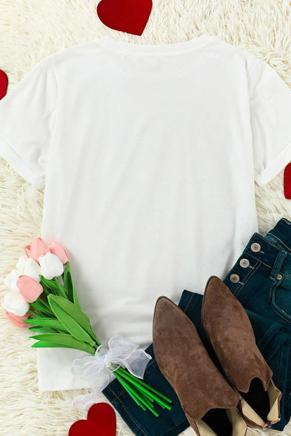 Ladies White T-Shirt with Red Glitter Heart Jewelry Bubble