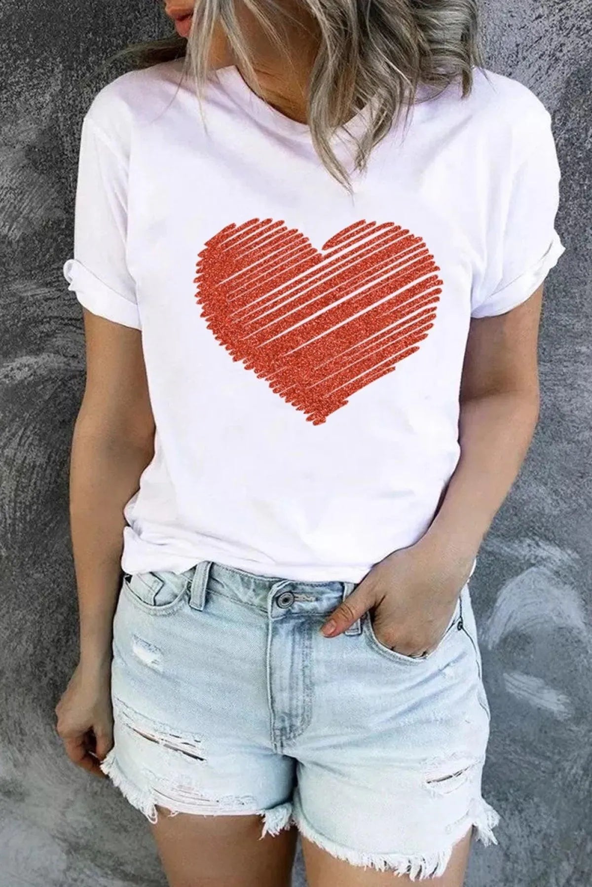 Ladies White T-Shirt with Red Glitter Heart Jewelry Bubble