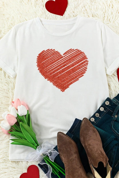 Ladies White T-Shirt with Red Glitter Heart Jewelry Bubble