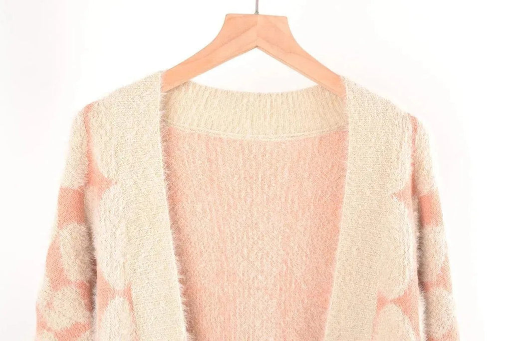 Lantern Sleeve Polka Dot Fluffy Sweater Cardigan