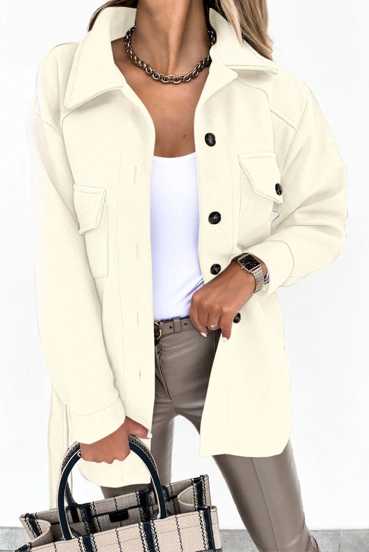 Lapel Button-Down Coat With Chest Pockets Jewelry Bubble