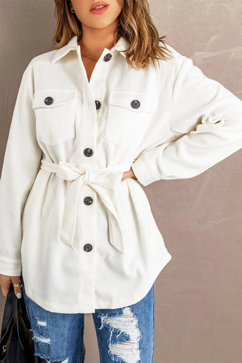 Lapel Button-Down Coat With Chest Pockets Jewelry Bubble