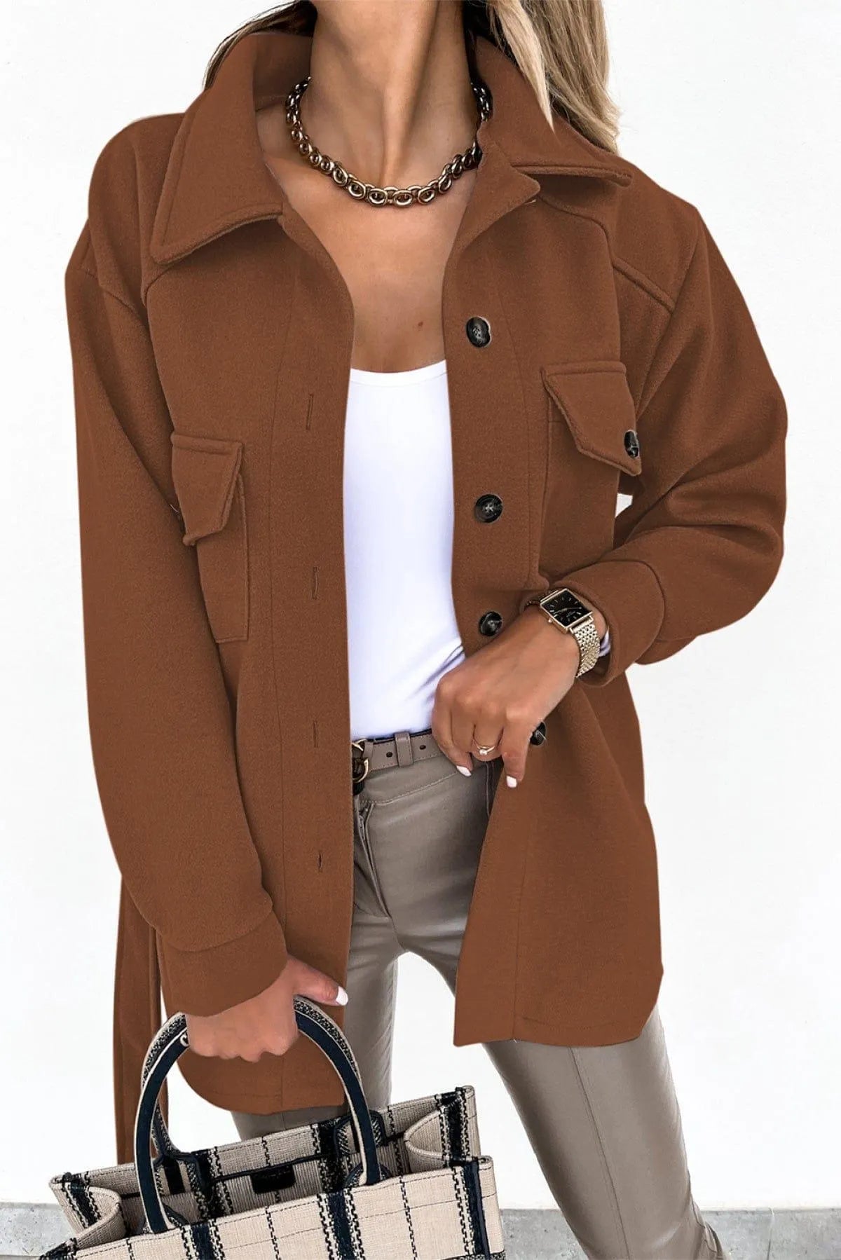 Lapel Button-Down Coat With Chest Pockets Jewelry Bubble