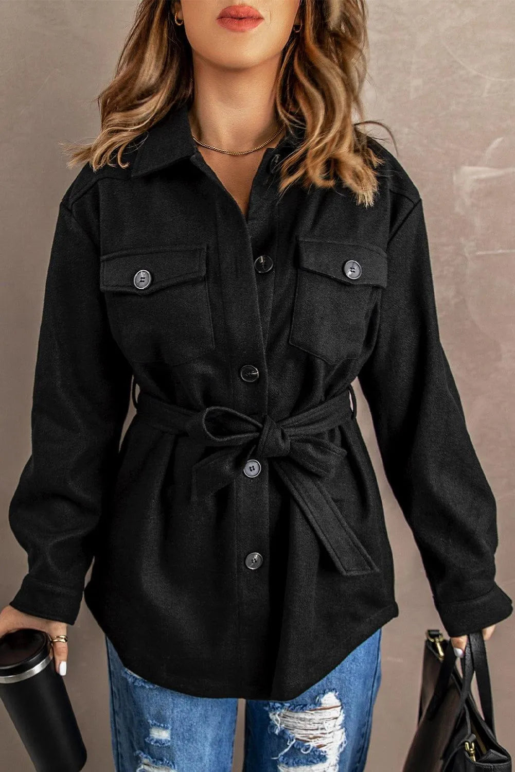 Lapel Button-Down Coat With Chest Pockets Jewelry Bubble