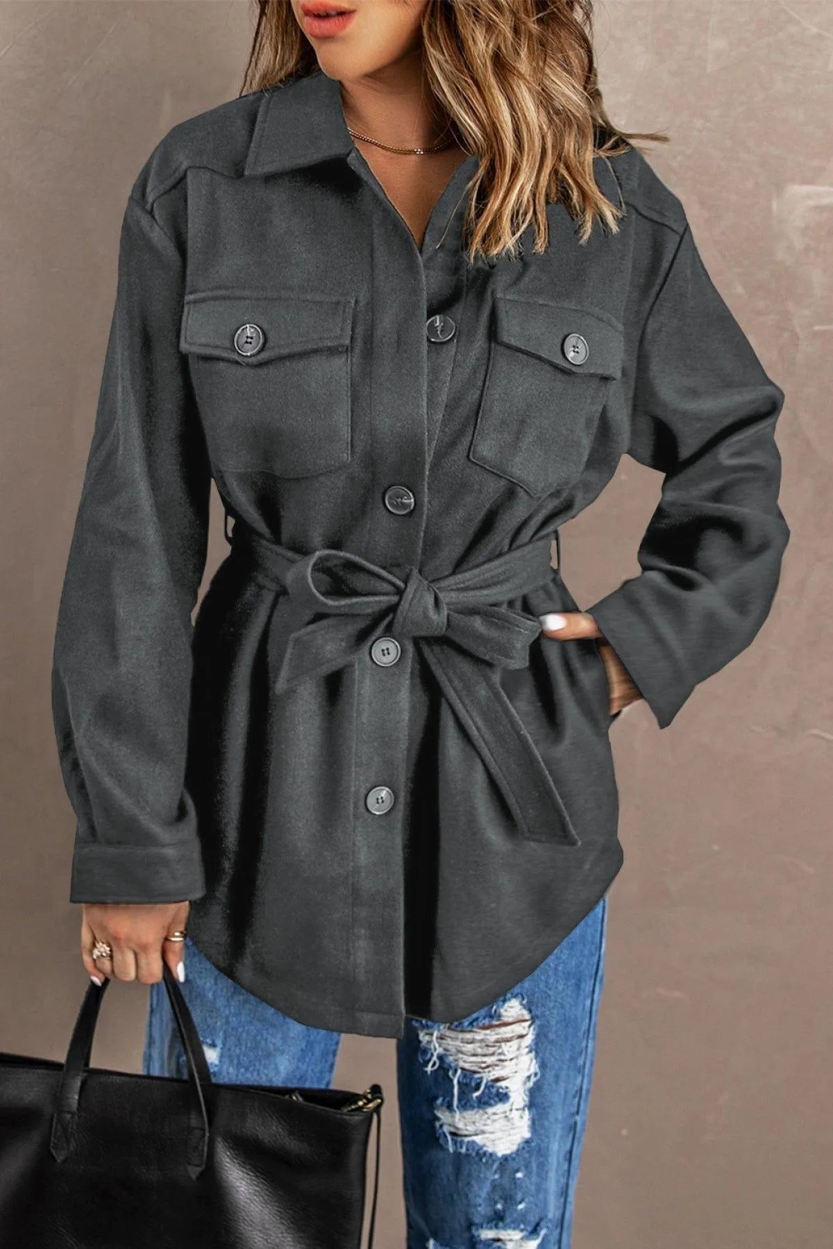 Lapel Button-Down Coat With Chest Pockets Jewelry Bubble