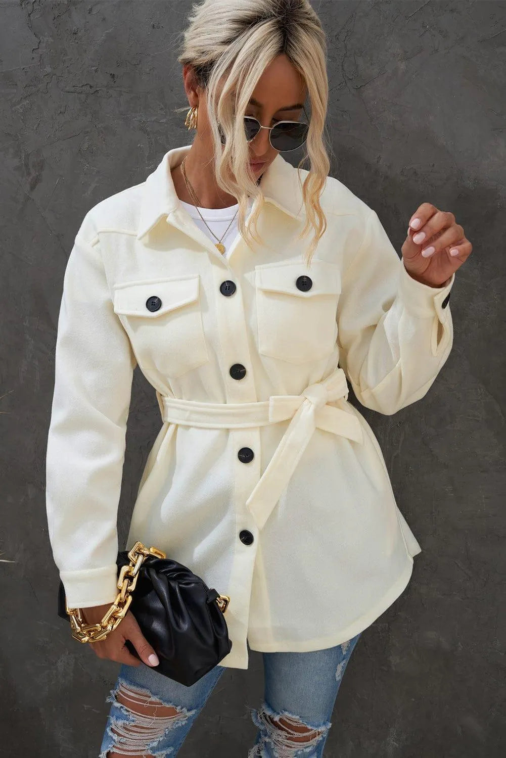 Lapel Button-Down Coat With Chest Pockets Jewelry Bubble