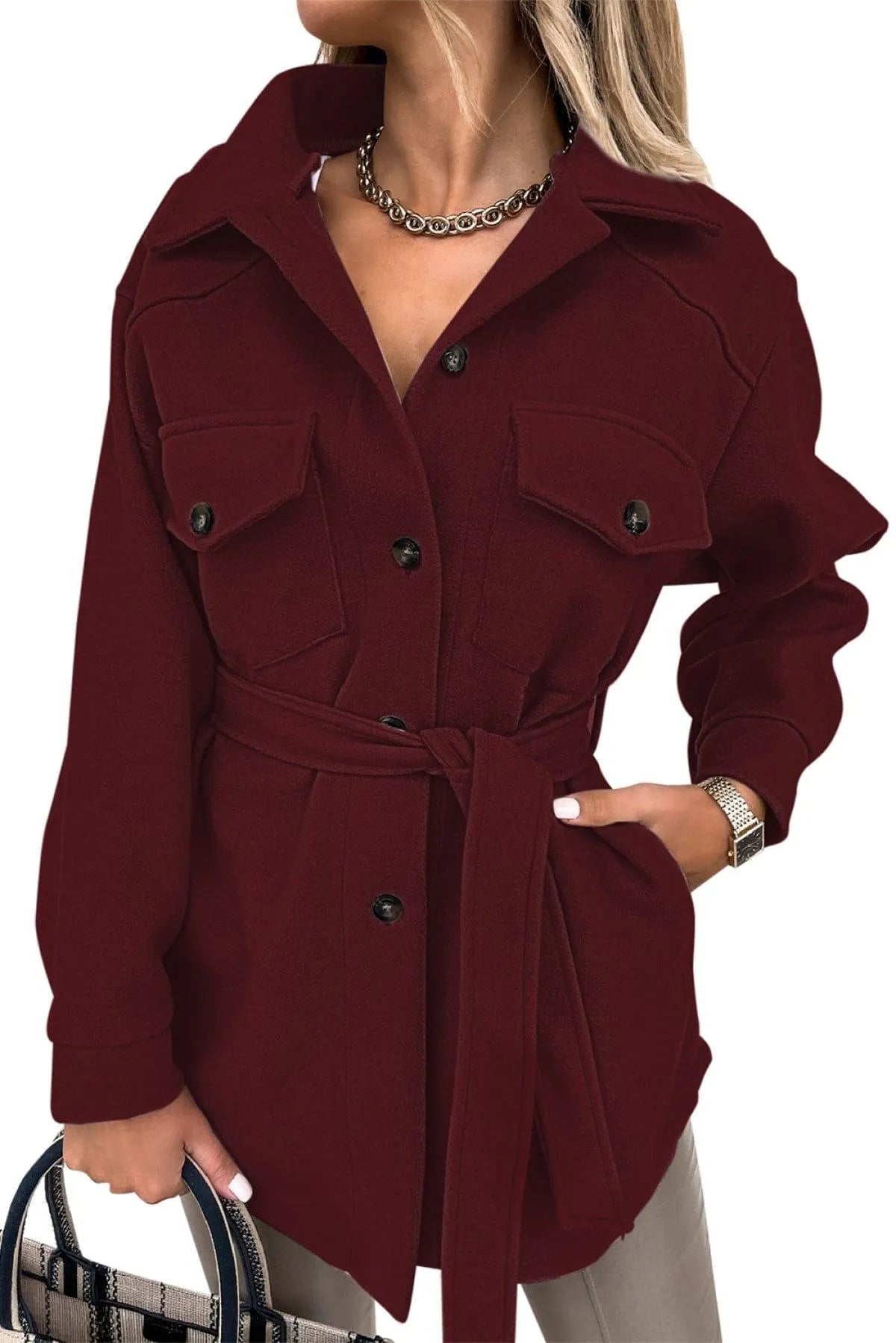 Lapel Button-Down Coat With Chest Pockets Jewelry Bubble