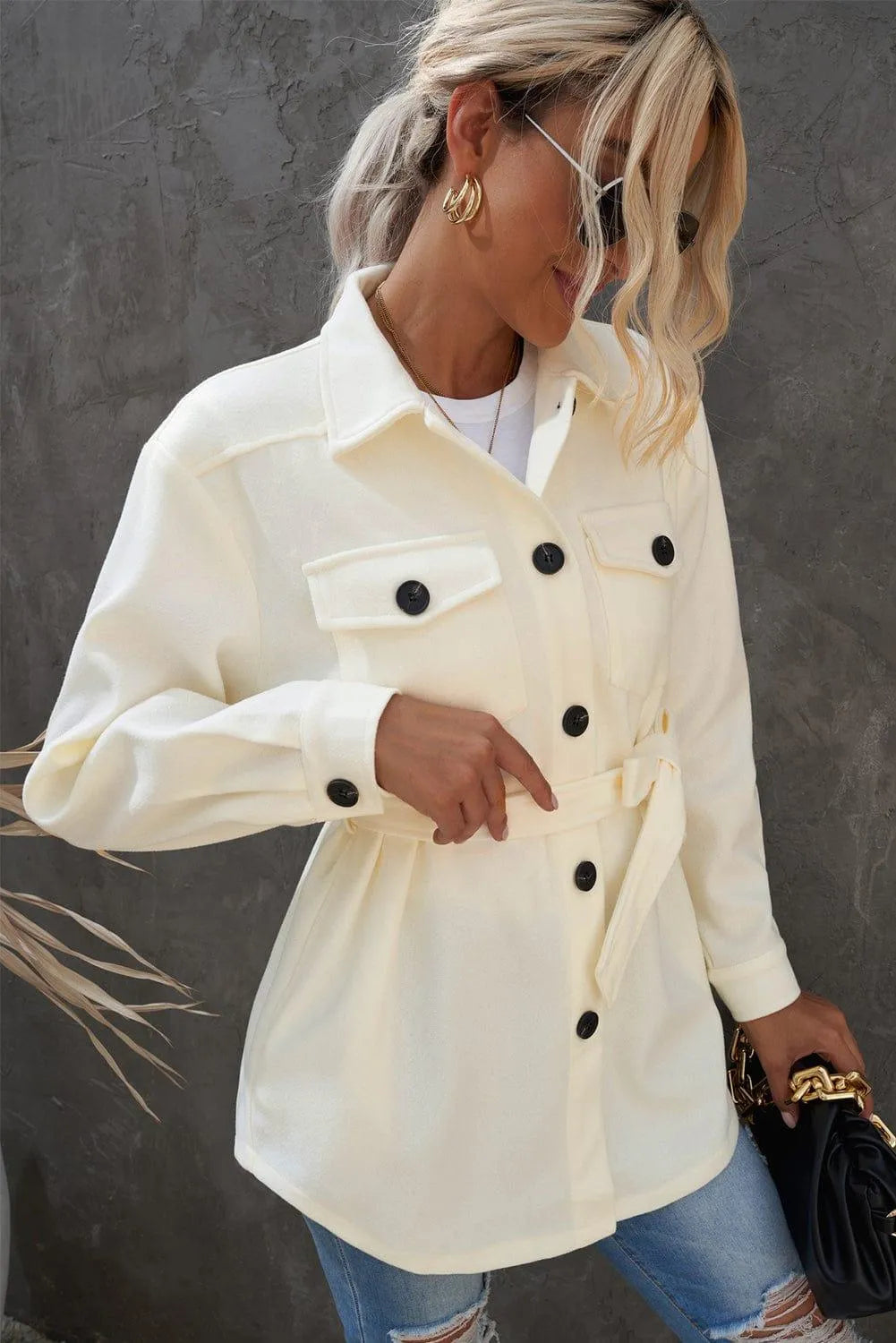 Lapel Button-Down Coat With Chest Pockets Jewelry Bubble