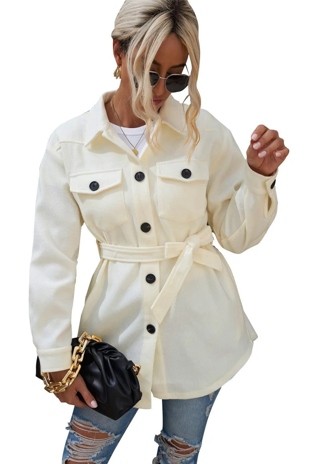 Lapel Button-Down Coat With Chest Pockets Jewelry Bubble