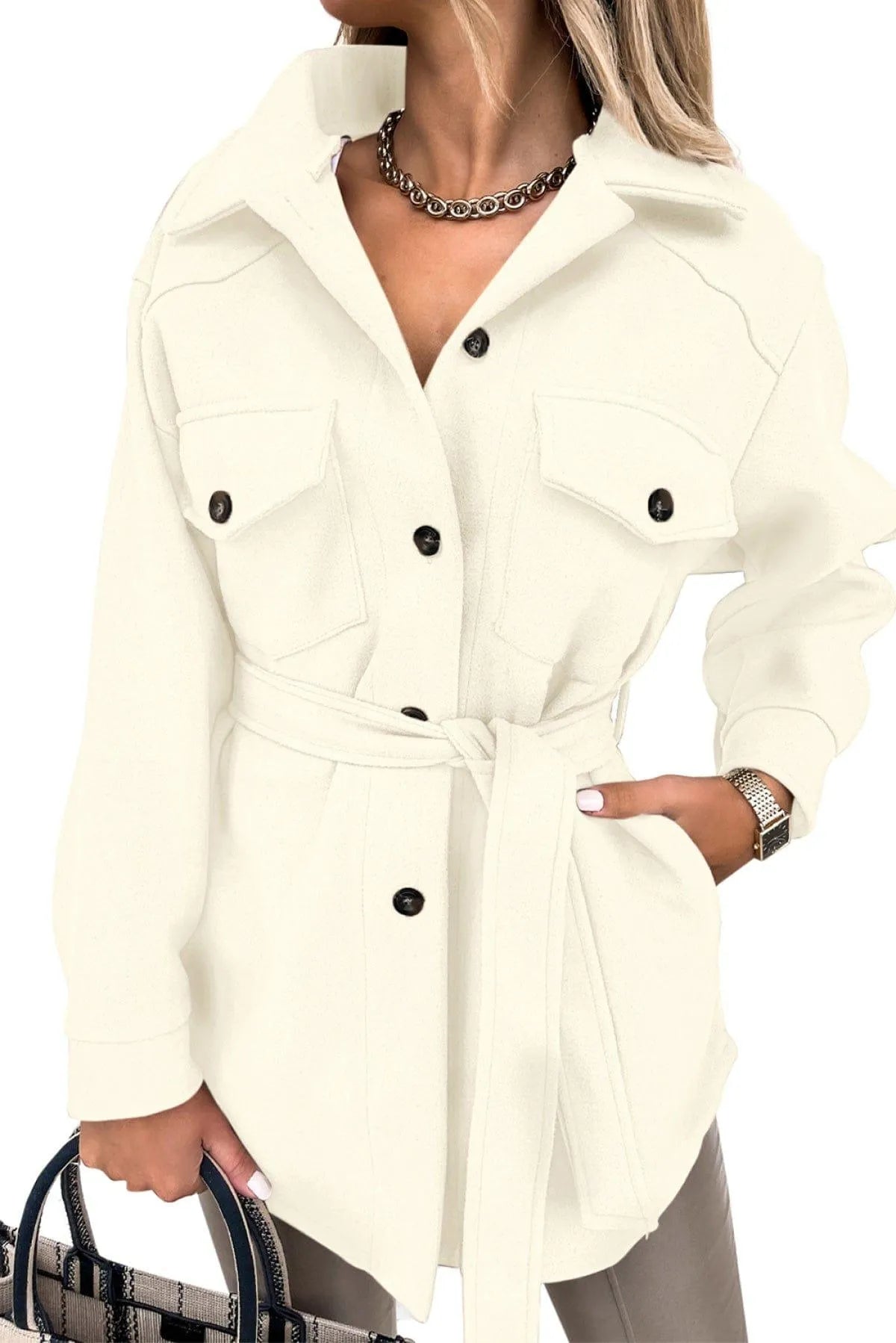 Lapel Button-Down Coat With Chest Pockets Jewelry Bubble