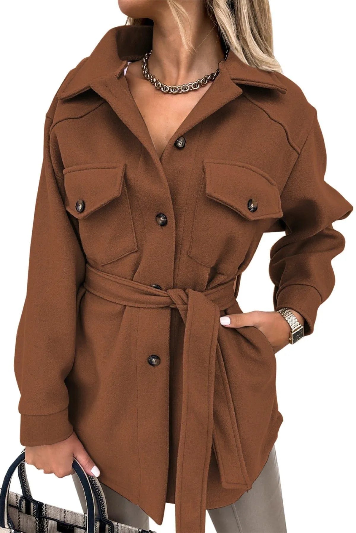 Lapel Button-Down Coat With Chest Pockets Jewelry Bubble