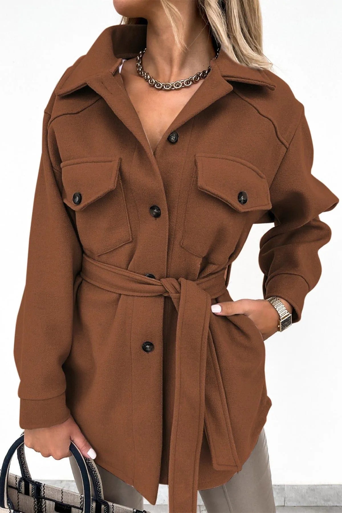 Lapel Button-Down Coat With Chest Pockets Jewelry Bubble