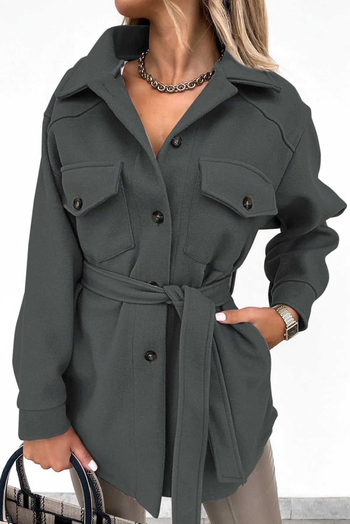 Lapel Button-Down Coat With Chest Pockets Jewelry Bubble