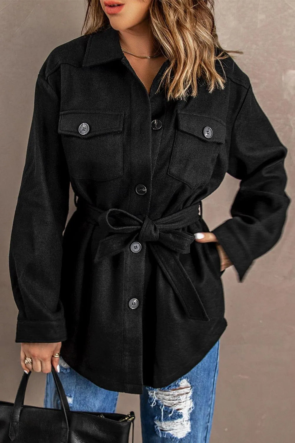 Lapel Button-Down Coat With Chest Pockets Jewelry Bubble