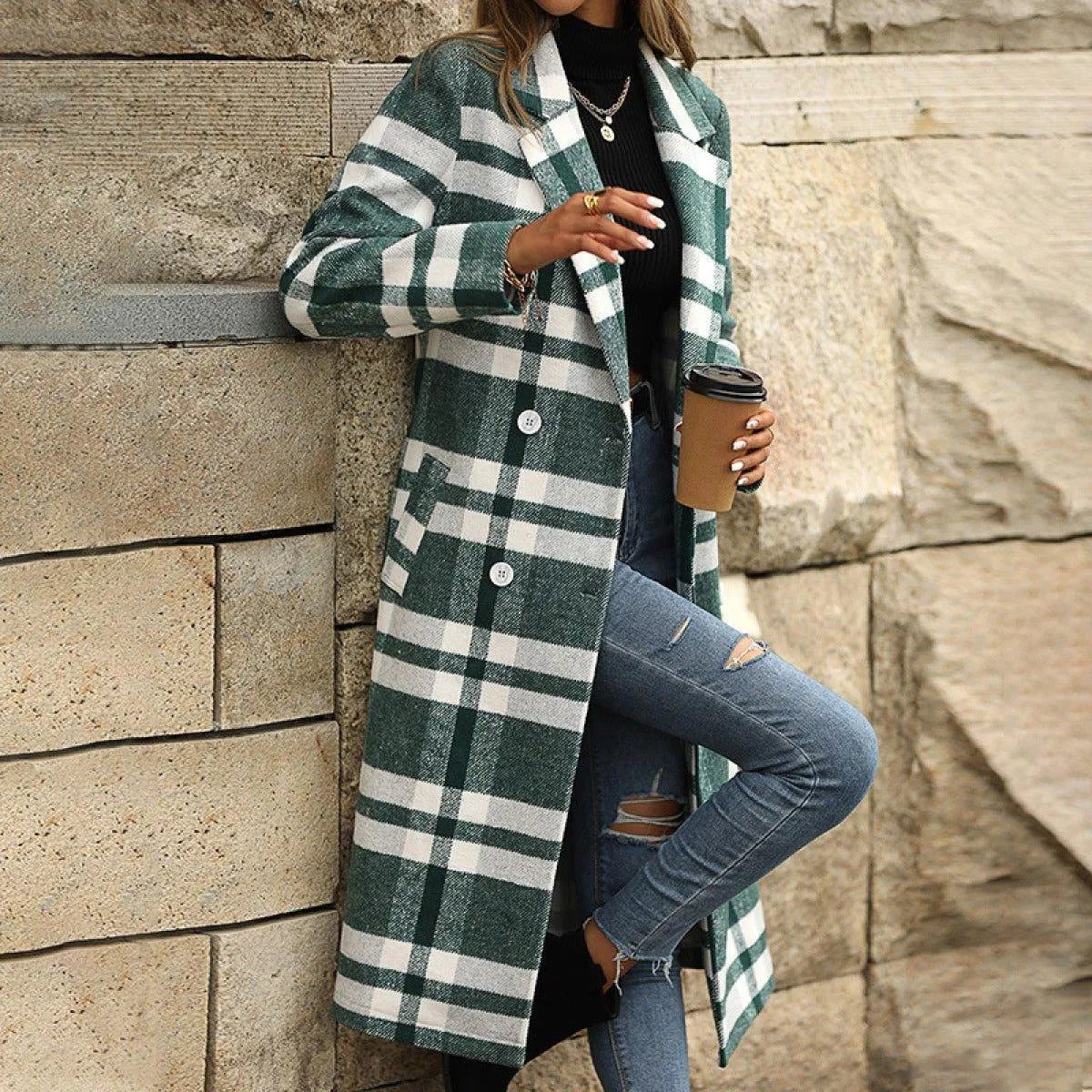 Lapel Neck Tie Waist Plaid Long Overcoat Green Jewelry Bubble