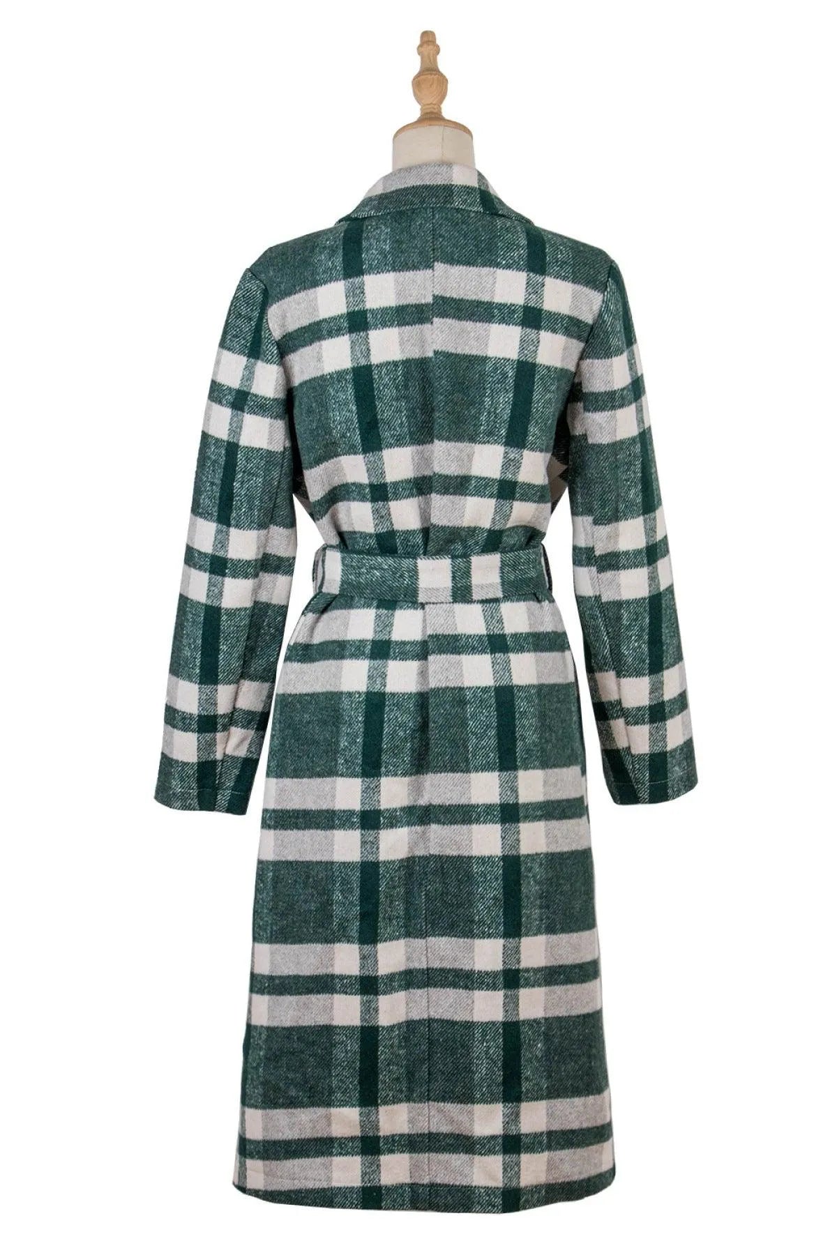 Lapel Neck Tie Waist Plaid Long Overcoat Green Jewelry Bubble