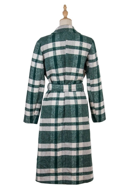 Lapel Neck Tie Waist Plaid Long Overcoat Green Jewelry Bubble