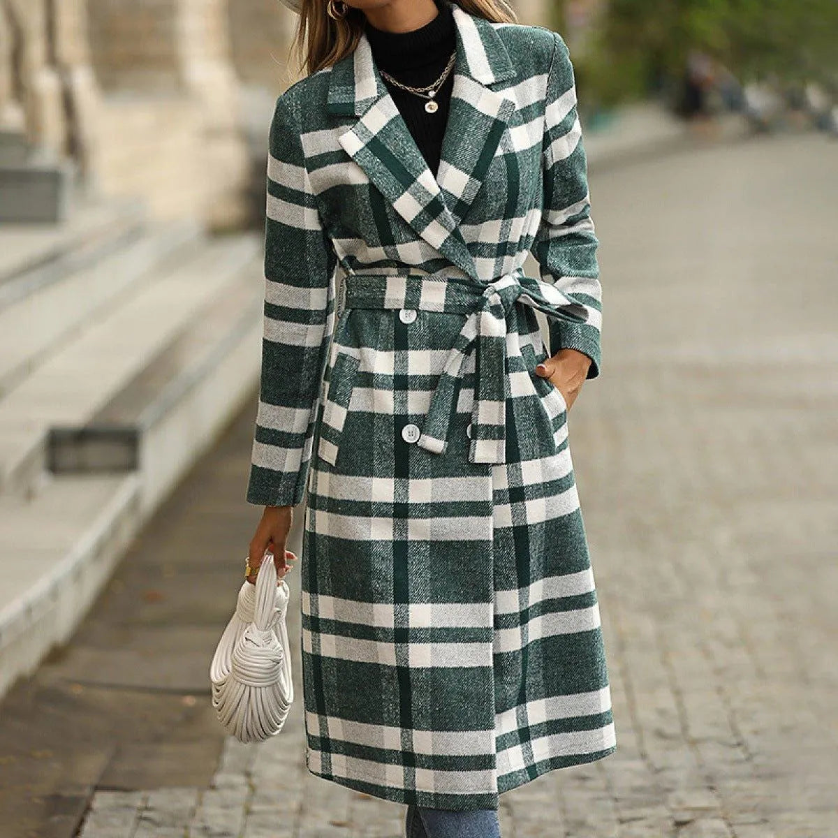 Lapel Neck Tie Waist Plaid Long Overcoat Green Jewelry Bubble