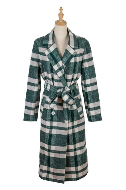 Lapel Neck Tie Waist Plaid Long Overcoat Green Jewelry Bubble