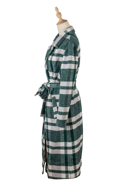 Lapel Neck Tie Waist Plaid Long Overcoat Green Jewelry Bubble