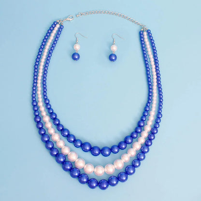 Layered Pearl Necklace with Earrings in Blue, White, Silver Jewelry Bubble