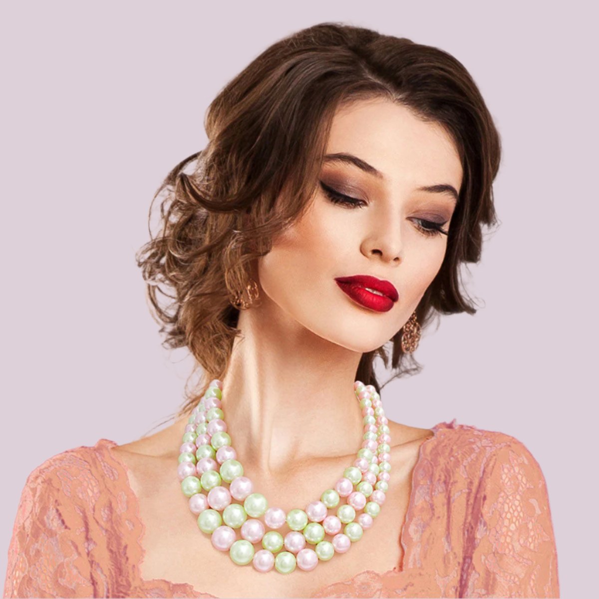 Layered Pearl Perfection: Pink & Green 3-Strand Necklace Set Jewelry Bubble