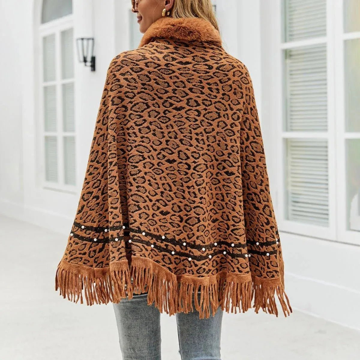 Leopard Fringe Faux Fur Shearling Poncho